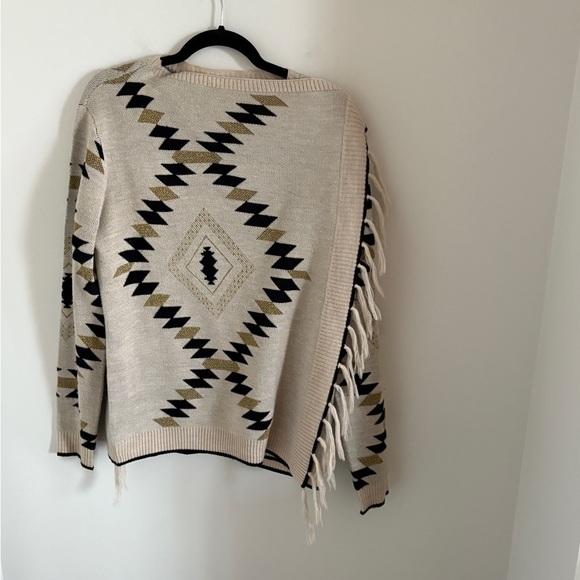 Suzy Shier Beige, Gold and Black Patterned Open Cardigan with Fringes Size L - Picture 4 of 5